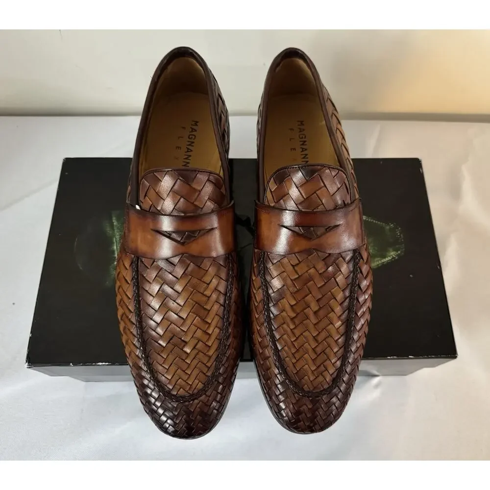 NIB Magnanni ‘Herman’ Cognac Brown Woven Leather Loafers 43.5EU/10.5US $595.00